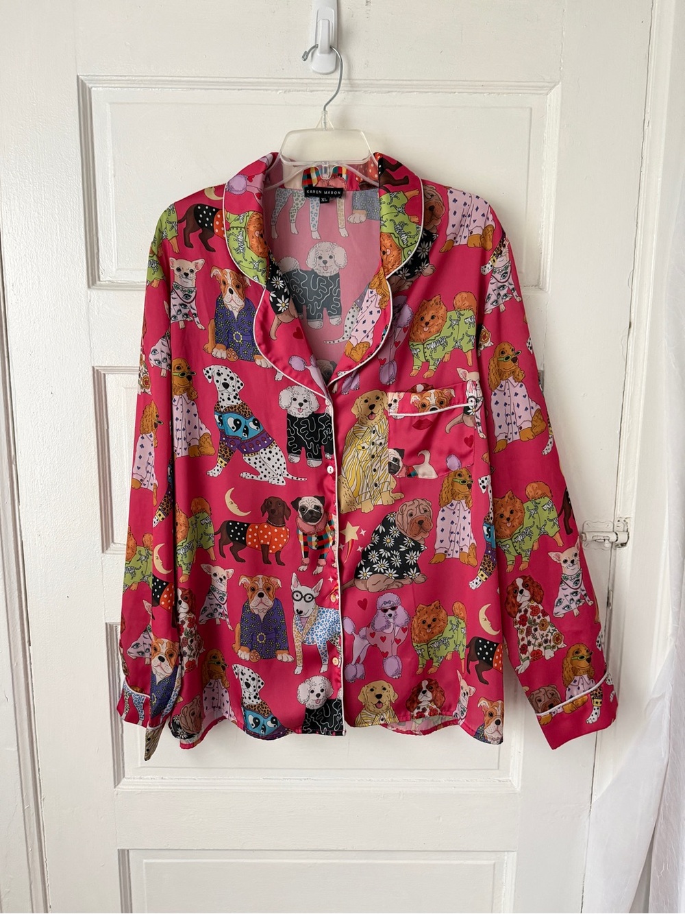 Karen Mabon Pink Novelty Dog Print Satin Long Sleeve Pajama Top Button Front XL